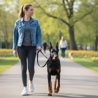 Femme en veste en jean marchant avec un Dobermann portant une muselière chien bleue et noire.