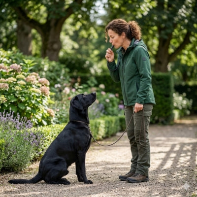 Femme en veste verte utilisant un sifflet pour chien ultrason face à un Labrador noir assis.