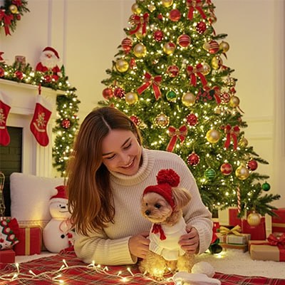 Femme souriante avec un Yorkshire devant un sapin, portant un bonnet pour chien rouge.