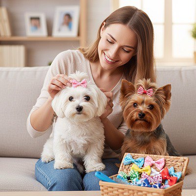 Femme coiffant un Maltais et un Yorkshire avec un collier pour chien nœud papillon et un panier.