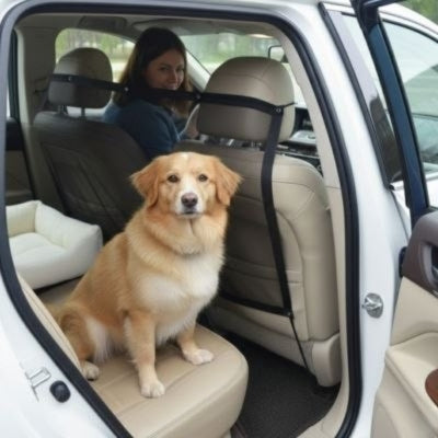 Chien de type Nova Scotia Duck Tolling Retriever derrière un filet chien voiture.