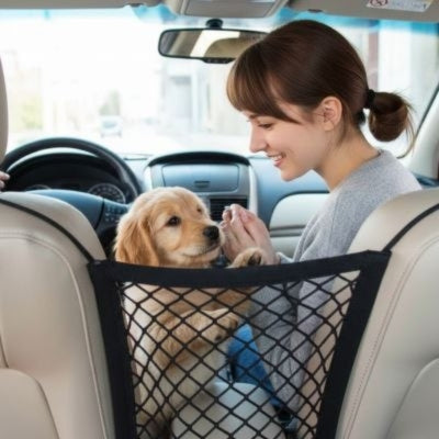 Chiot Golden Retriever s'appuyant sur un filet chien voiture à côté d'une femme souriante.