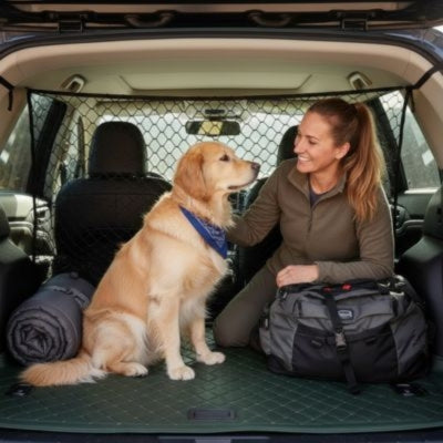 Femme caressant un Golden Retriever avec bandana bleu devant un filet chien voiture.