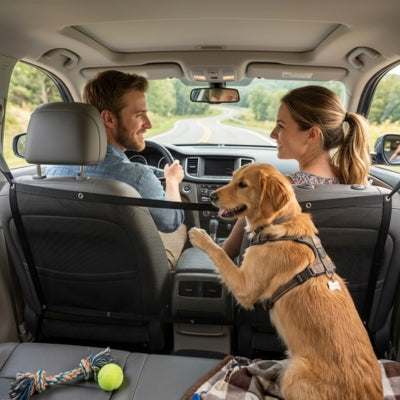 Un Golden Retriever assis à l'arrière d'un véhicule muni d'un filet chien voiture.