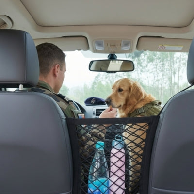 Golden Retriever et homme en treillis derrière un filet chien voiture avec bouteilles.