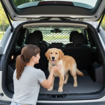 Femme à l'extérieur d'un coffre ouvert avec un jeune Golden Retriever et filet chien voiture.