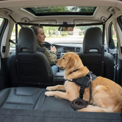 Golden Retriever allongé dans le coffre protégé par un filet chien voiture noir tendu.