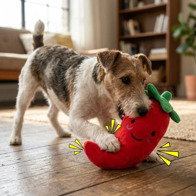 Fox Terrier jouant avec un jouet chien piment rouge illustré de traits jaunes d'action.