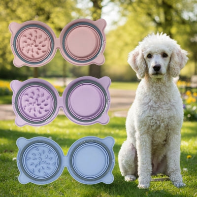 Caniche blanc à côté de trois modèles de gamelle chien (rose, violet, bleu) avec anti-glouton.