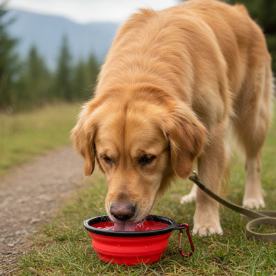 Golden Retriever buvant dans une gamelle chien rouge pliable sur un chemin de terre.