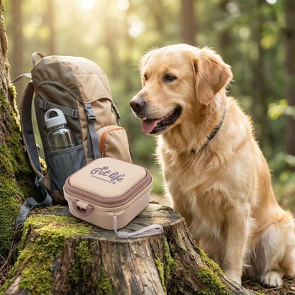 Gamelle chien beige "Pet Life" sur une souche d'arbre en forêt devant un Golden Retriever.