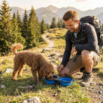 Homme avec sac à dos et son chien Caniche mangeant dans une gamelle chien bleue en montagne.