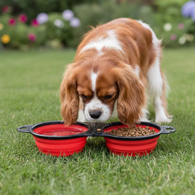 Cavalier King Charles mangeant ses croquettes dans une gamelle chien double rouge sur l'herbe.