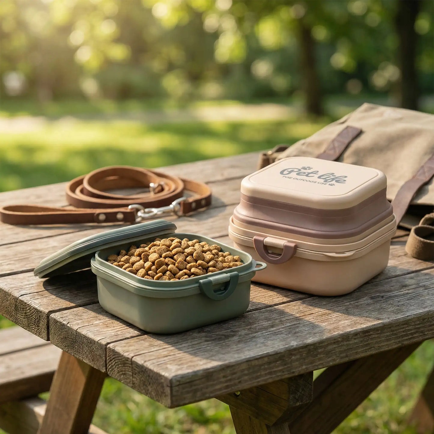 Gamelle chien verte ouverte avec croquettes et modèle rose "Pet Life" sur table en bois.