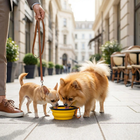 Chihuahua et Spitz Allemand partageant l'eau d'une gamelle chien jaune en silicone en rue.