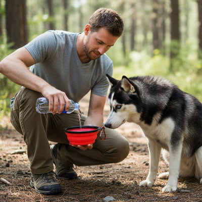 Homme versant de l'eau dans une gamelle chien rouge pour un Husky Sibérien en forêt.