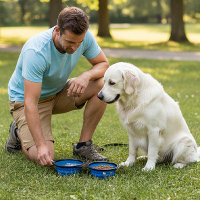 Homme accroupi à côté d'un Golden Retriever blanc devant sa gamelle chien double bleue.