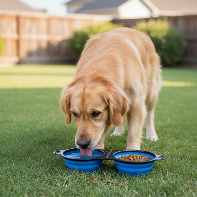 Golden Retriever buvant de l'eau dans sa gamelle chien pliable bleue dans un jardin.