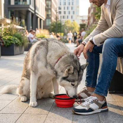 Husky Sibérien assis buvant dans une gamelle chien rouge pliable près de son maître en ville.