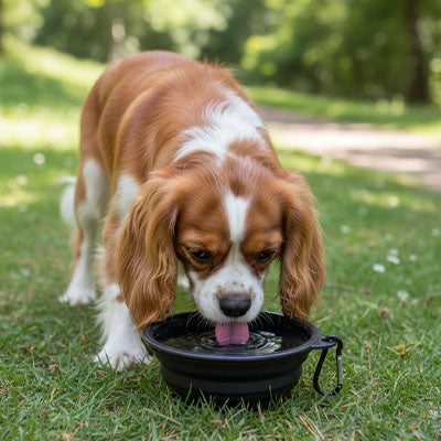 Cavalier King Charles buvant de l'eau dans une gamelle chien noire pliable dans un jardin.