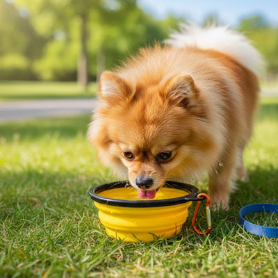 Spitz Allemand roux buvant de l'eau dans une gamelle chien jaune sur l'herbe d'un parc.