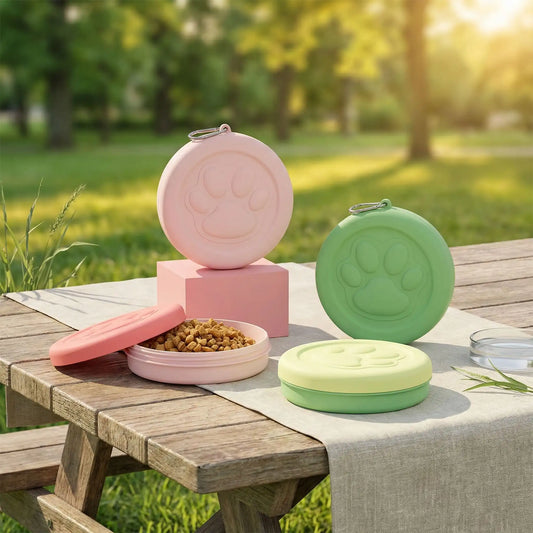 Assortiment de gamelle chien rose, verte et jaune sur une table de jardin.