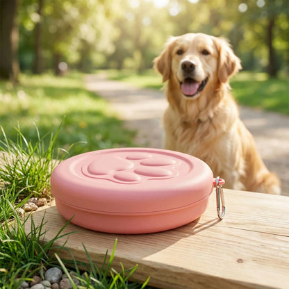 Gamelle chien rose avec mousqueton sur un banc, face à un Golden Retriever souriant.