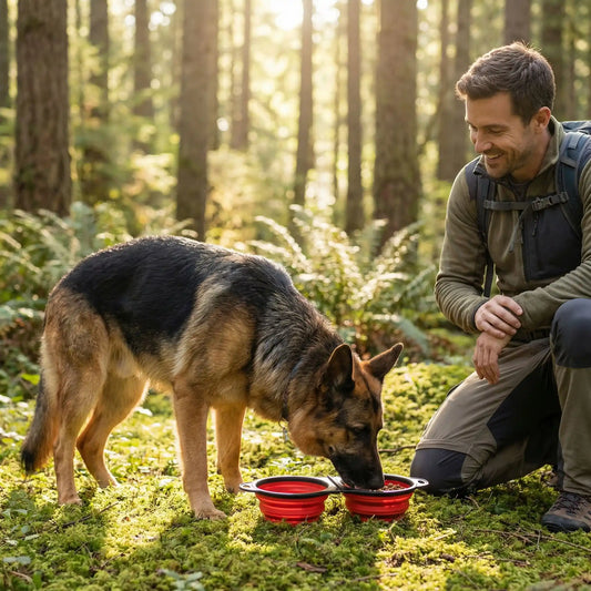 Berger Allemand mangeant dans une gamelle chien double rouge lors d'une randonnée en forêt.