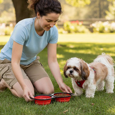 Femme agenouillée devant son Shih Tzu portant un harnais devant une gamelle chien rouge au parc.