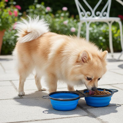Petit chien de type Spitz mangeant des croquettes dans sa gamelle chien bleue sur une terrasse.