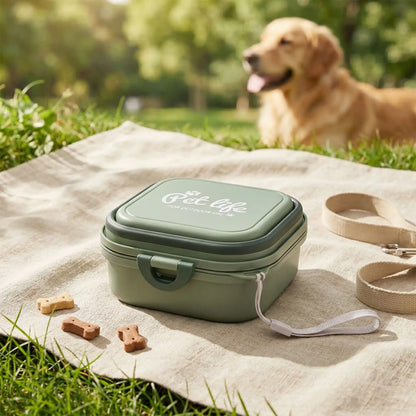 Gamelle chien verte fermée avec logo "Pet Life" posée sur un plaid avec un Golden Retriever.