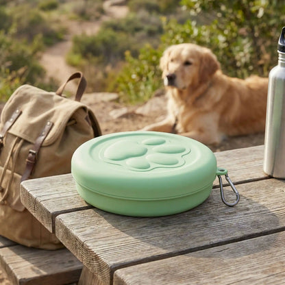 Gamelle chien verte fermée sur une table avec un sac à dos et un Golden Retriever au loin.