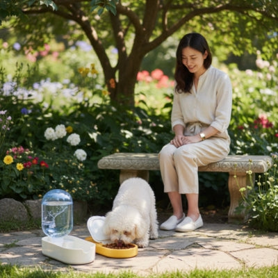 Bichon frisé mangeant dans sa gamelle pour chien jaune devant une femme assise sur un banc en pierre.