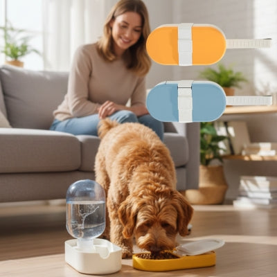 Cockapoo mangeant dans une gamelle pour chien jaune avec modèles bleu et orange en insert.