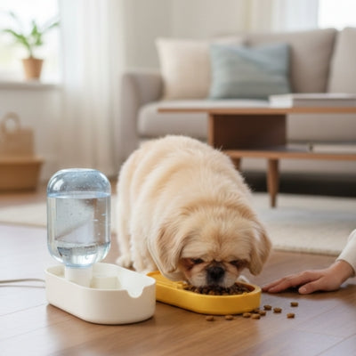 Épagneul tibétain mangeant ses croquettes dans une gamelle pour chien jaune dans un salon.