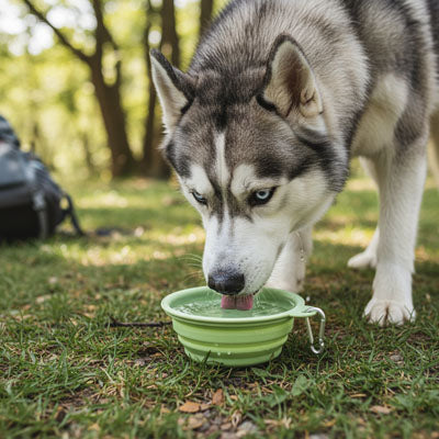 Chien Husky sibérien buvant dans une gamelle pour chien pliable verte en plein air.