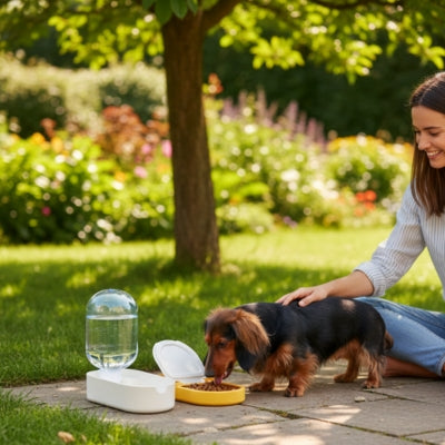 Teckel à poils longs utilisant une gamelle pour chien avec réservoir d'eau dans un jardin fleuri.