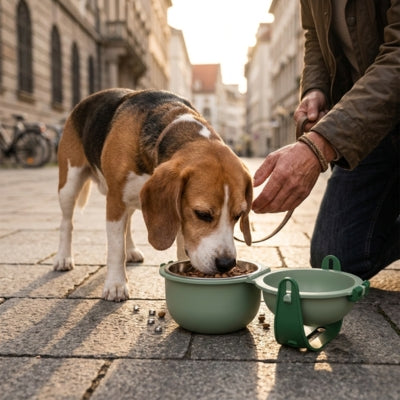 Un Beagle en laisse mangeant dans les gamelles chien en inox posées sur un sol pavé en ville.