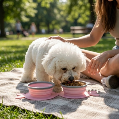 Bichon frisé mangeant dans des gamelles chien roses sur une couverture de pique-nique au parc.