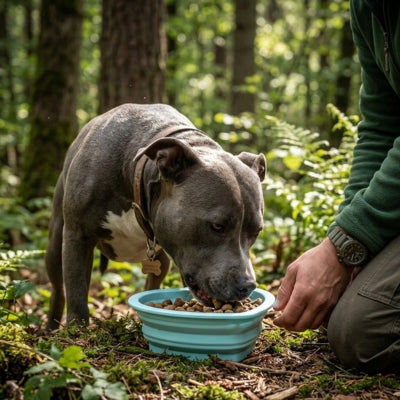 Pitbull gris mangeant ses croquettes dans une des gamelles chien bleu ciel en sous-bois.