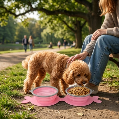 Caniche abricot mangeant dans des gamelles chien roses sur un sentier terreux de parc ensoleillé.
