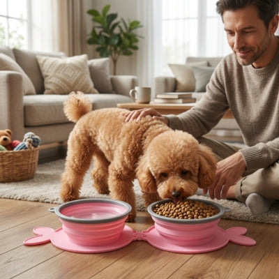 Caniche toy mangeant dans des gamelles chien roses sur un parquet à côté de son maître assis.