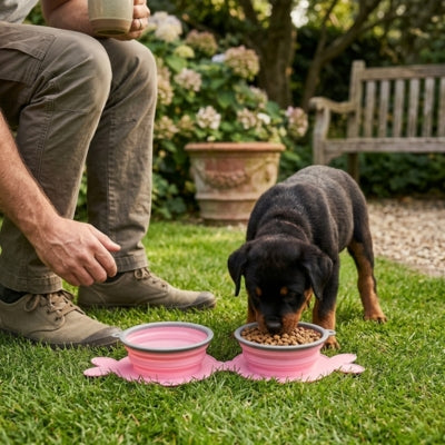 Chiot Rottweiler mangeant dans des gamelles chien roses sur l'herbe d'un jardin avec son maître.