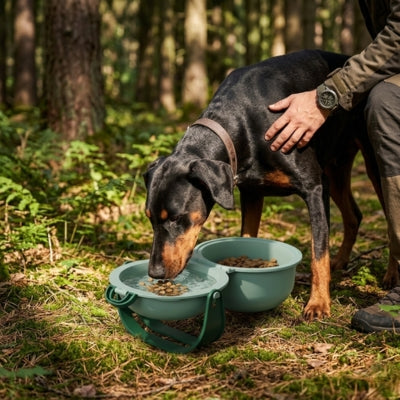 Dobermann buvant de l'eau dans les gamelles chien portables lors d'une randonnée en forêt.
