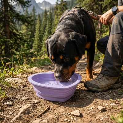 Rottweiler buvant de l'eau dans une des gamelles chien mauves sur un sentier de montagne.