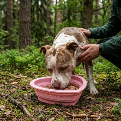 Chien type Pitbull tacheté mangeant dans une des gamelles chien roses au sol.
