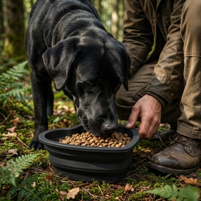Labrador noir mangeant dans une des gamelles chien en silicone noir en pleine nature.