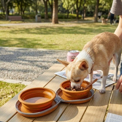 Petit Chihuahua mangeant dans des gamelles chien orange sur une table de parc.