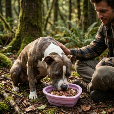 Pitbull bringé mangeant dans une des gamelles chien pliables roses en forêt.