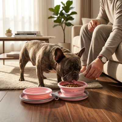 Bouledogue français bringé mangeant dans des gamelles chien roses dans un salon.